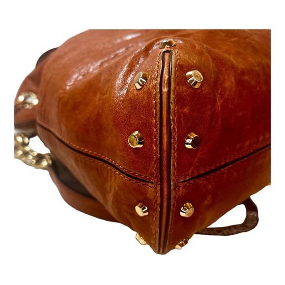 Vintage Michael Kors Vintage Cognac Brown Leather Gold Studs and Chain C… - Picture 5 of 12